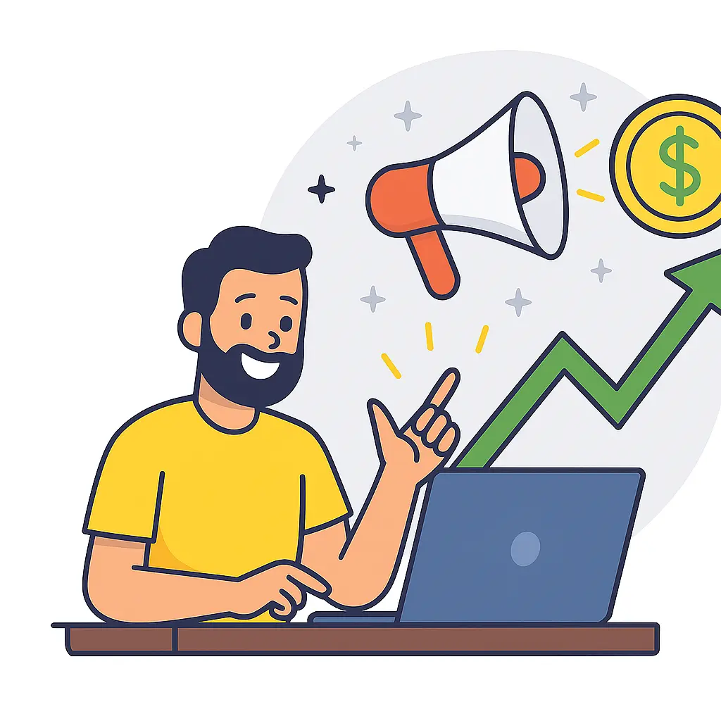 Ilustración en estilo plano que muestra a un emprendedor digital trabajando desde su ordenador, con elementos de publicidad, crecimiento y monetización online. Ideal para contenidos sobre formación en marketing digital.