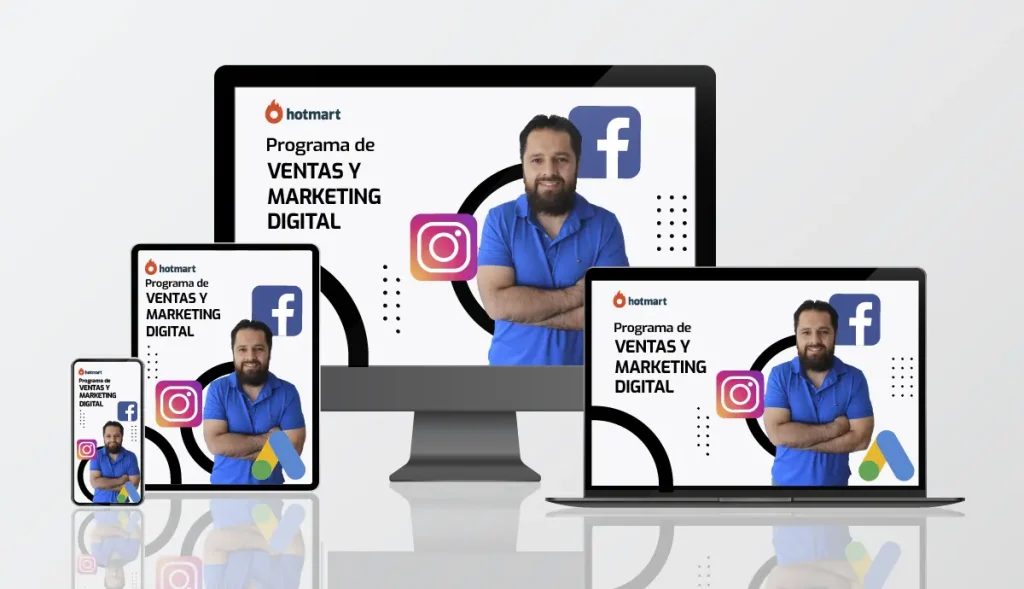 Imagen promocional del curso de ventas y marketing digital de César Vinueza, con dispositivos mostrando el programa y logos de Facebook, Instagram y Google Ads.