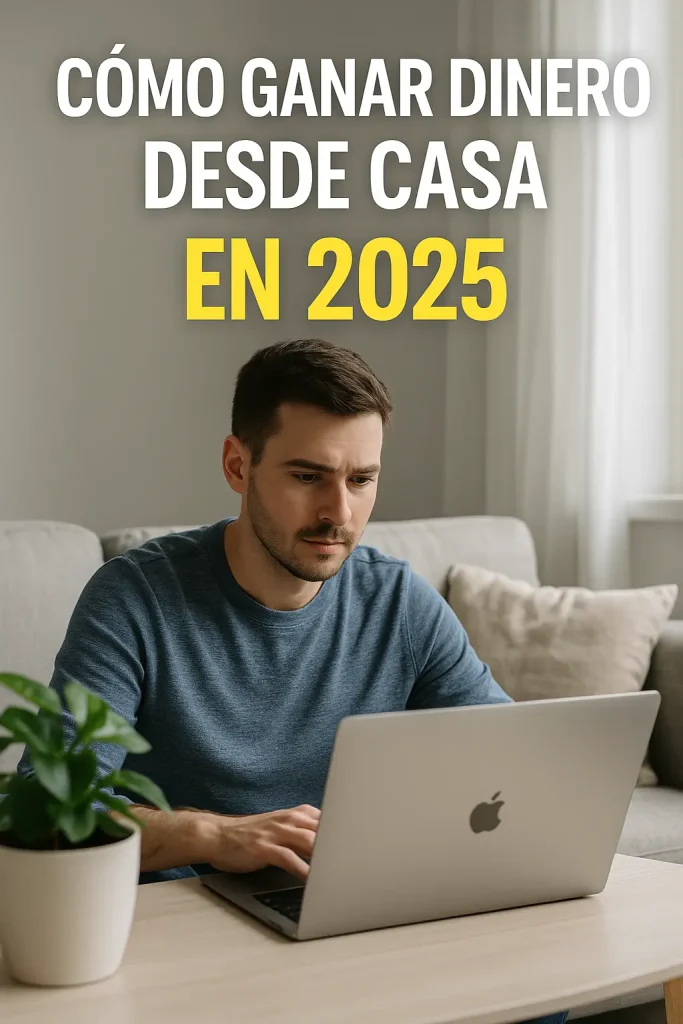 Imagen de un joven trabajando desde su laptop en casa, representando oportunidades reales para ganar dinero online en 2025 con estrategias como marketing de afiliación, freelancing y creación de blogs.