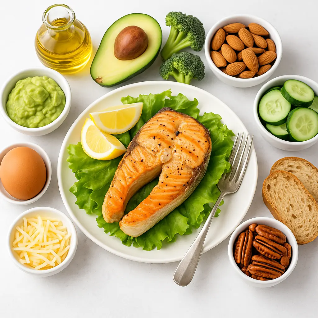 Alimentos saludables de la dieta cetogénica como aguacate, brócoli, almendras y aceite de oliva sobre fondo blanco