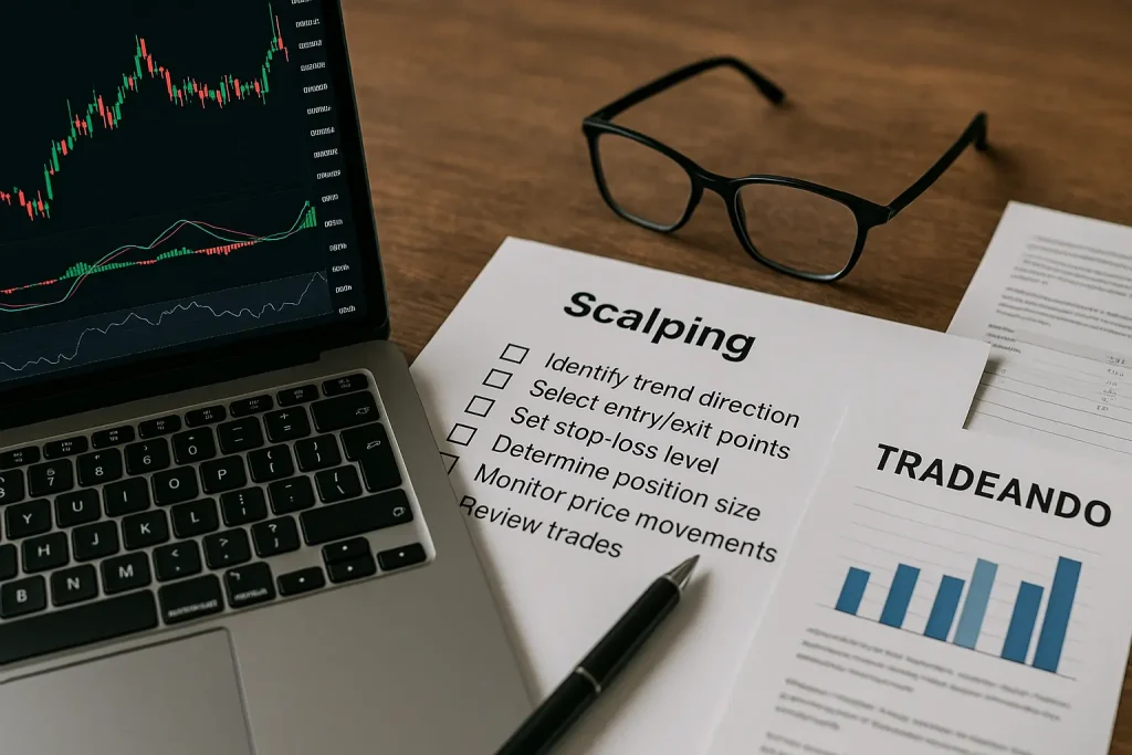 Estación de trabajo con gráfico de velas japonesas y checklist para estrategia de scalping.