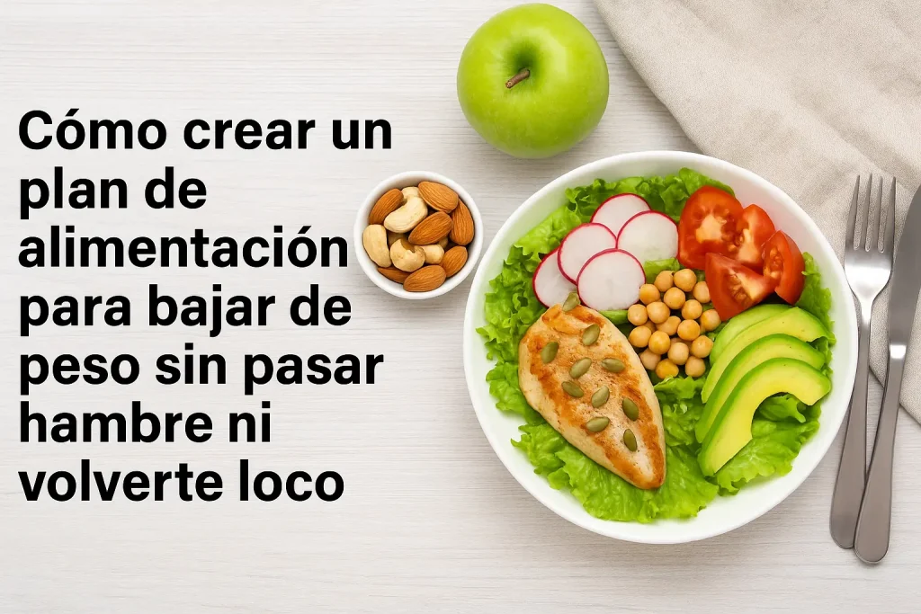 Imagen destacada del artículo "Cómo crear un plan de alimentación para bajar de peso sin pasar hambre ni volverte loco". Muestra un plato equilibrado con alimentos saludables y un mensaje motivador sobre alimentación consciente.
