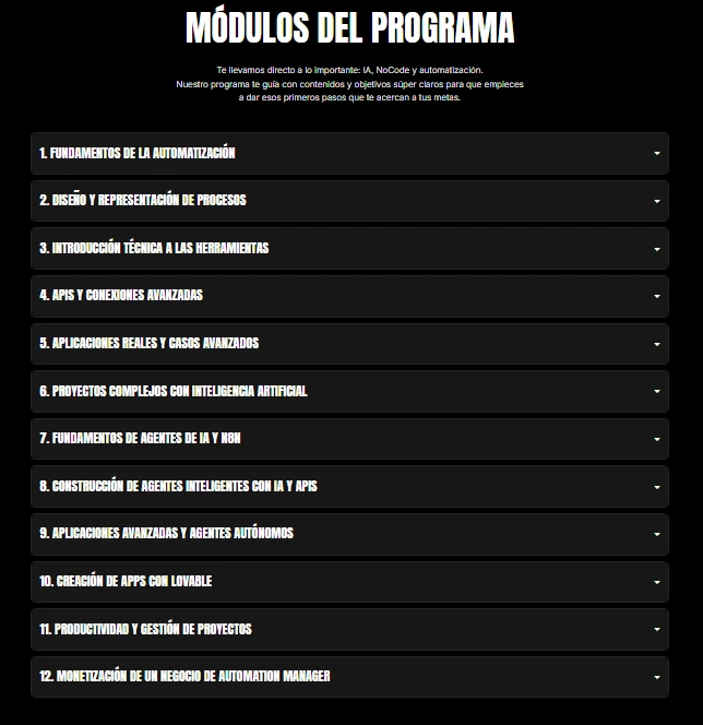 modulos del programa Buildt Academy