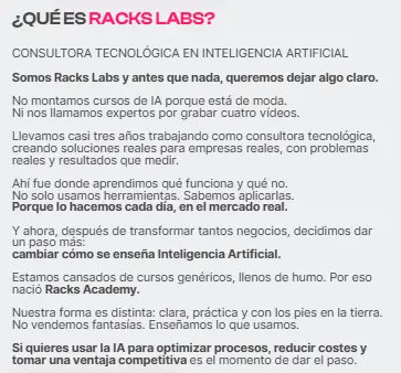 El curso inteligencia artificial Racks Academy es una formación online creada para enseñarte a usar la IA en tu día a día profesional