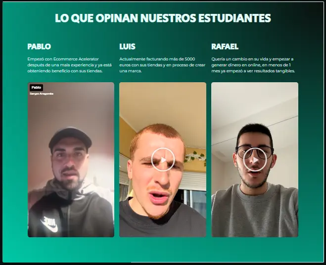 Los propios creadores muestran en su web varios casos de alumnos que ya están facturando, algunos incluso con cifras de cinco a seis cifras.