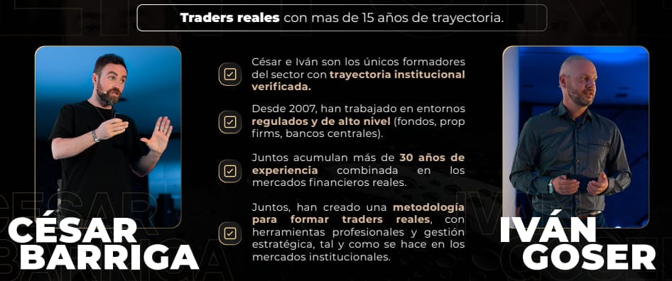 En el caso de BlackSheep Academy, los responsables son Iván Goser y César Barriga, dos traders que aparecen como cofundadores en la web y en sus canales.